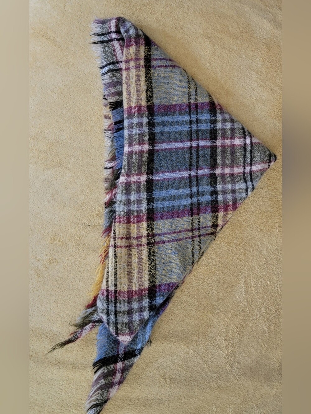 Plaid Triangle Scarf in Purple, Blue & Cream - Unbranded